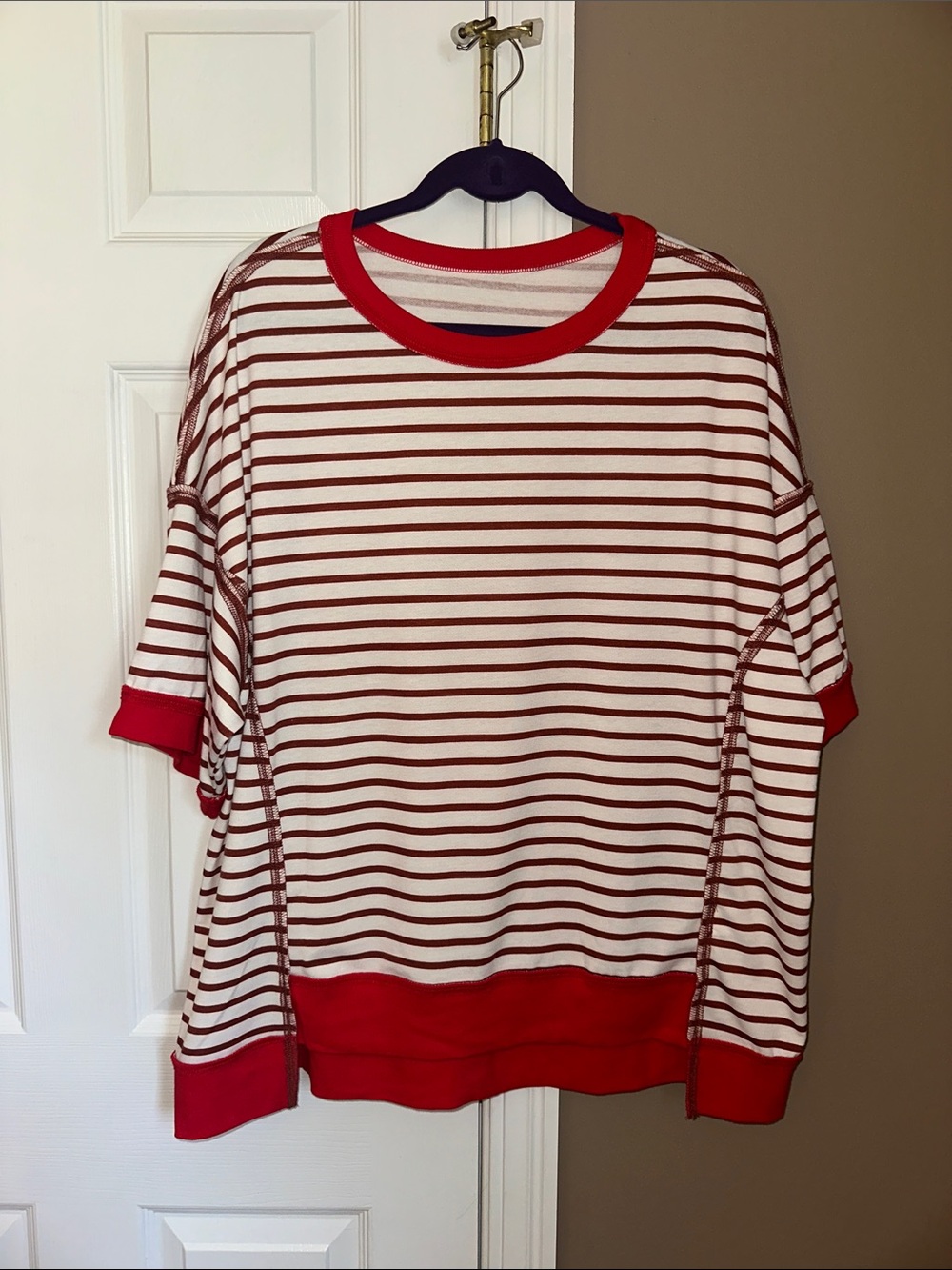Striped Red & White Women's Short-Sleeve Sweater